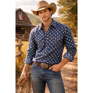 VTG Rockmount Ranch Shirt Blue White Stars Americana Western USA Men's M Relaxed